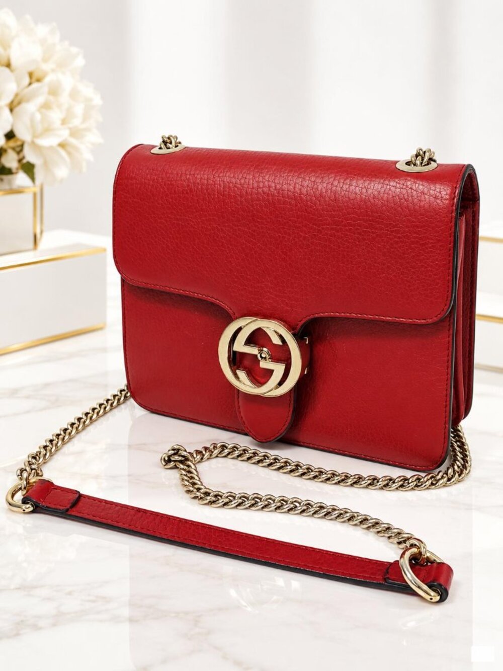 Authentic Gucci Interlocking GG Red Leather Shoulder Bag | Luxury Designer Purse